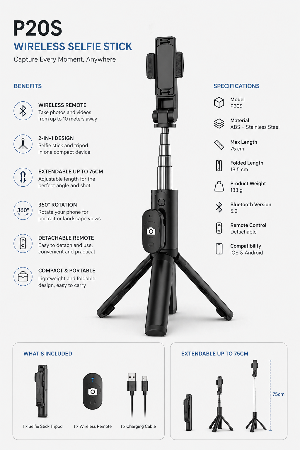 Trepied Selfie Stick P20S, Bluetooth, Extensibil 75cm