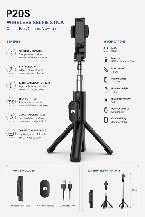 Trepied Selfie Stick P20S, Bluetooth, Extensibil 75cm