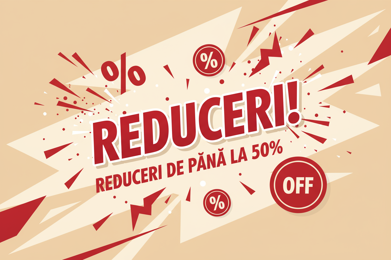 Banner for the page that says about the discounts, the sales. I want to say in big font "Reduceri!" and mark the sales. Translate it in romanian. Make it with red and cream colours