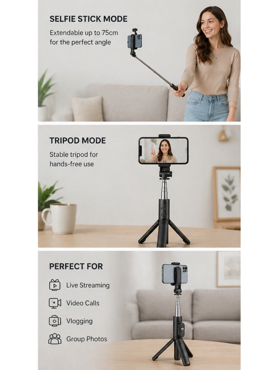 Trepied Selfie Stick P20S, Bluetooth, Extensibil 75cm